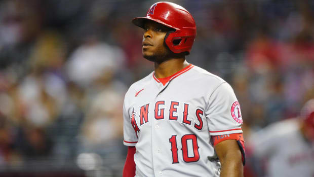 Justin Upton looks on after hitting for the Angels.
